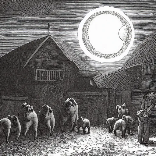 Image similar to pigs in a tuxedo walk out of a barn, dramatic lighting, creepy, farm background, moon, chiaroscuro, high detail, illustration by gustave dore