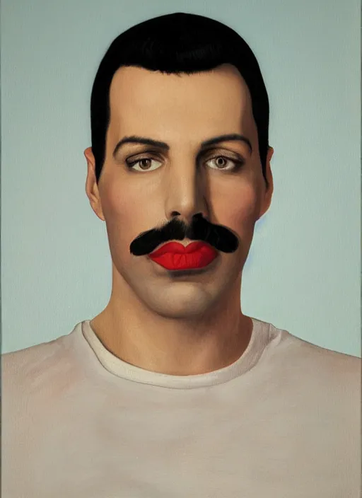 Prompt: a portrait painting of Freddie Mercury by John Currin