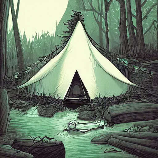 Prompt: a tent by the river in the deep, remote woods by tim doyle, from nightmare before christmas | detailed | elegant | trending on artstation
