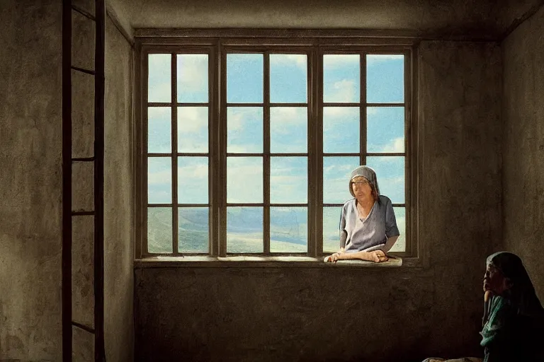 Image similar to a cinematic painting of an old female prisoner inside of jail cell looking out of a window onto a beautiful serene landscape, beautiful lighting, high depth, ultra realistic, artistic, by annie leibovitz, by gregory crewdson