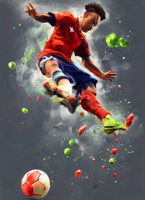 Image similar to semi reallistic gouache gesture painting, by yoshitaka amano, by ruan jia, by Conrad roset, by dofus online artists, detailed anime 3d render of Neymar Jr kicking a watermelon, Neymar soccer player watermelon , watermellon ball Neymar jr, portrait, cgsociety, artstation, rococo mechanical, Digital reality, sf5 ink style, dieselpunk atmosphere, gesture drawn