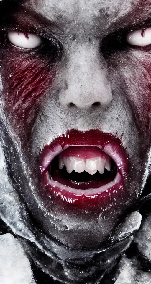 Prompt: up close shot of vampire fangs, vampire human, winter, dark scenery, dark lighting, cinematic, cold freezing nights, laser lights, crybernetic, top floor boss shit, destroy lonely, black floor, lavish, luxurious, marble walls, cinematic, hyper realism, high detail, octane render, 8 k