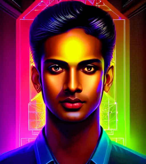 Image similar to symmetry!! indian prince of technology, solid cube of light, hard edges, product render retro - futuristic poster scifi, lasers and neon circuits, brown skin handsome indian prince, intricate, elegant, highly detailed, digital painting, artstation, concept art, smooth, sharp focus, illustration, dreamlike, art by artgerm