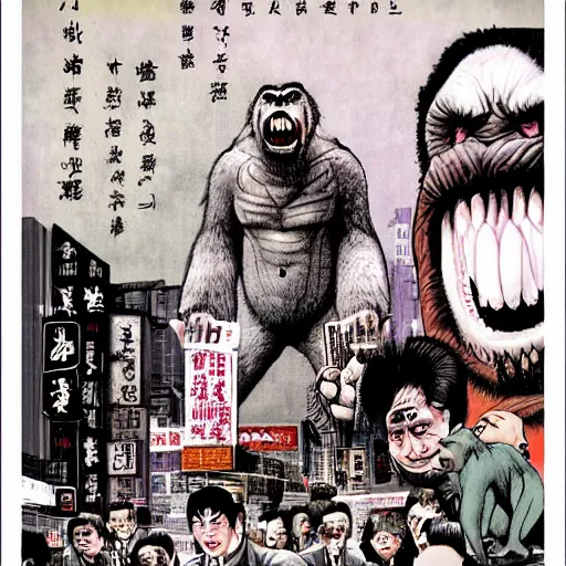 Image similar to glossy old advertising poster, king kong walking through crowded hong kong street, horror, drawn comic by junji ito, pastels, gradient