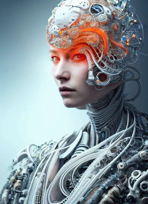 Image similar to portrait of an absurdly beautiful, graceful, sophisticated, fashionable cyberpunk mechanoid, hyperdetailed illustration by irakli nadar and alexandre ferra, intricate linework, white porcelain skin, faberge, coral headdress, unreal engine 5 highly rendered, global illumination, radiant light, detailed and intricate environment