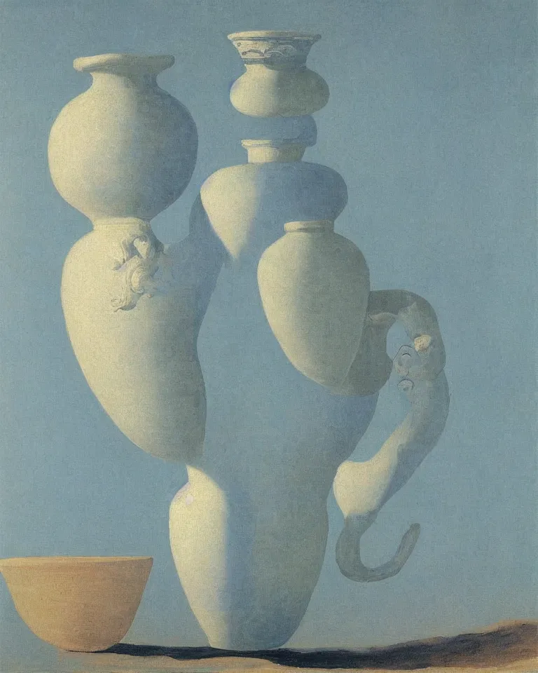 Image similar to achingly beautiful print of intricately painted ancient greek amphora on baby blue background by rene magritte, monet, and turner.