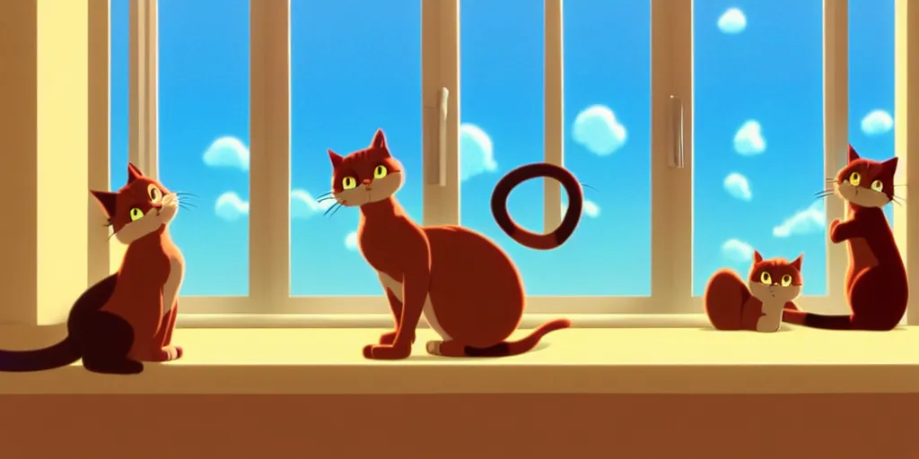 Prompt: a wholesome animation key shot of two cats stretching out in front of a window studio ghibli pixar and disney animation sharp render