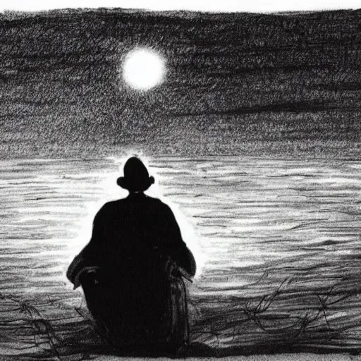 Image similar to a man sits on the beach by a lake on a moonless night, throwing pieces of his life into a fire. a great shapeless creature of darkness is drawn across the water to the light.