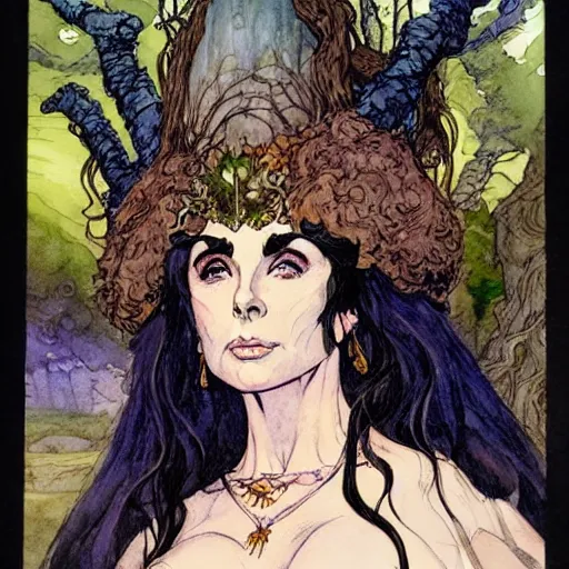 Prompt: a realistic and atmospheric watercolour fantasy character concept art portrait of elizabeth taylor as a druidic warrior wizard looking at the camera with an intelligent gaze by rebecca guay, michael kaluta, charles vess and jean moebius giraud