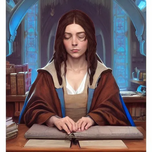 Prompt: a female wizard with brown hair wearing a blue hood and blue robe typing on a computer at a wooden desk with bookcases behind her, fantasy, highly detailed, digital painting, artstation, concept art, character art, art by greg rutkowski and tyler jacobson and alphonse mucha