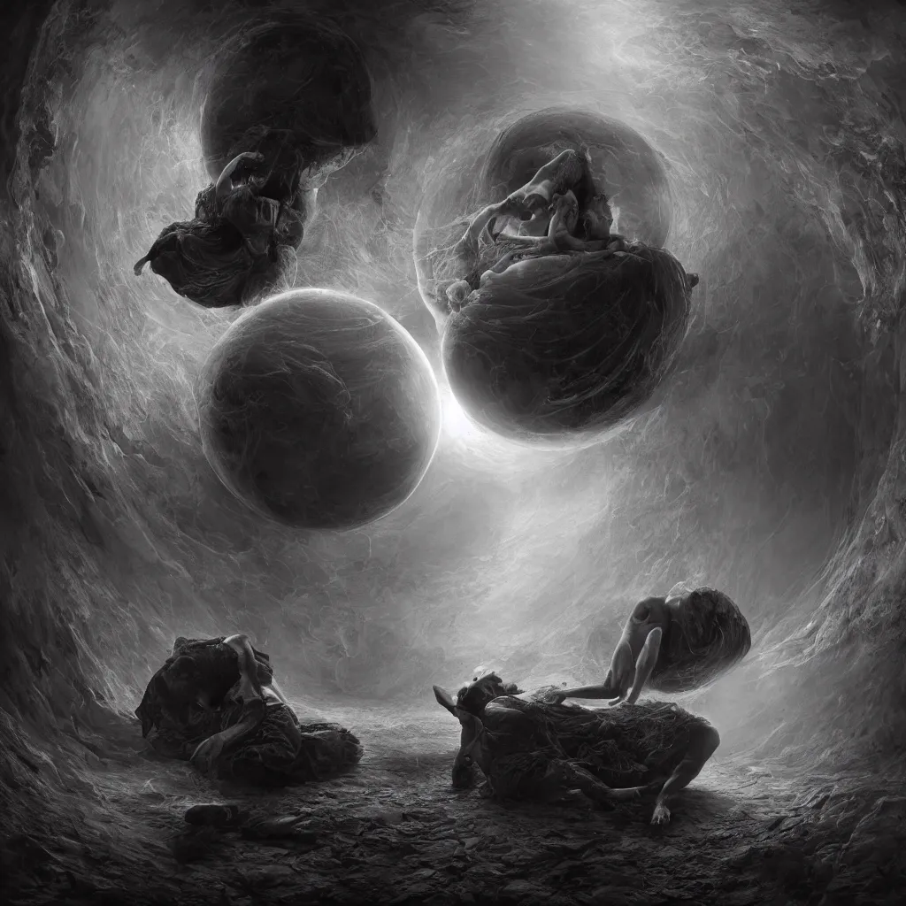 Prompt: a man and a woman inside a black smoke sphere. artwork, surrealist, metaphysical, metaphorical, ephemeral, atmospheric, scarry symbolic art by cameron gray and gustave dore, rendered in unreal engine, cgsociety, 8 k, sharp details, uhd