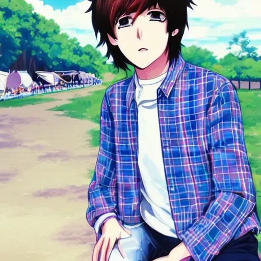 Image similar to anime illustration of young Paul McCartney from the Beatles, wearing a blue and white check shirt, silver sports watch, outdoors at a music festival, relaxing and smiling at camera, white clouds, ufotable