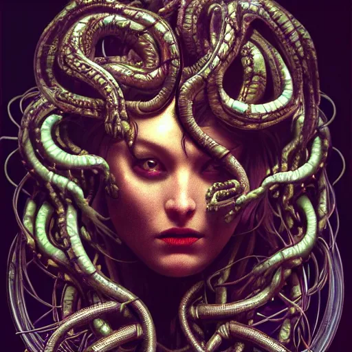 Image similar to Cyberpunk medusa, dark atmosphere, cinematic shot, intricate, ornate, photorealistic, ultra detailed, realistic, 35mm, photography, neon, octane, high definition, depth of field, bokeh, 8k, artstation, ((alphonse mucha)), (hr giger)