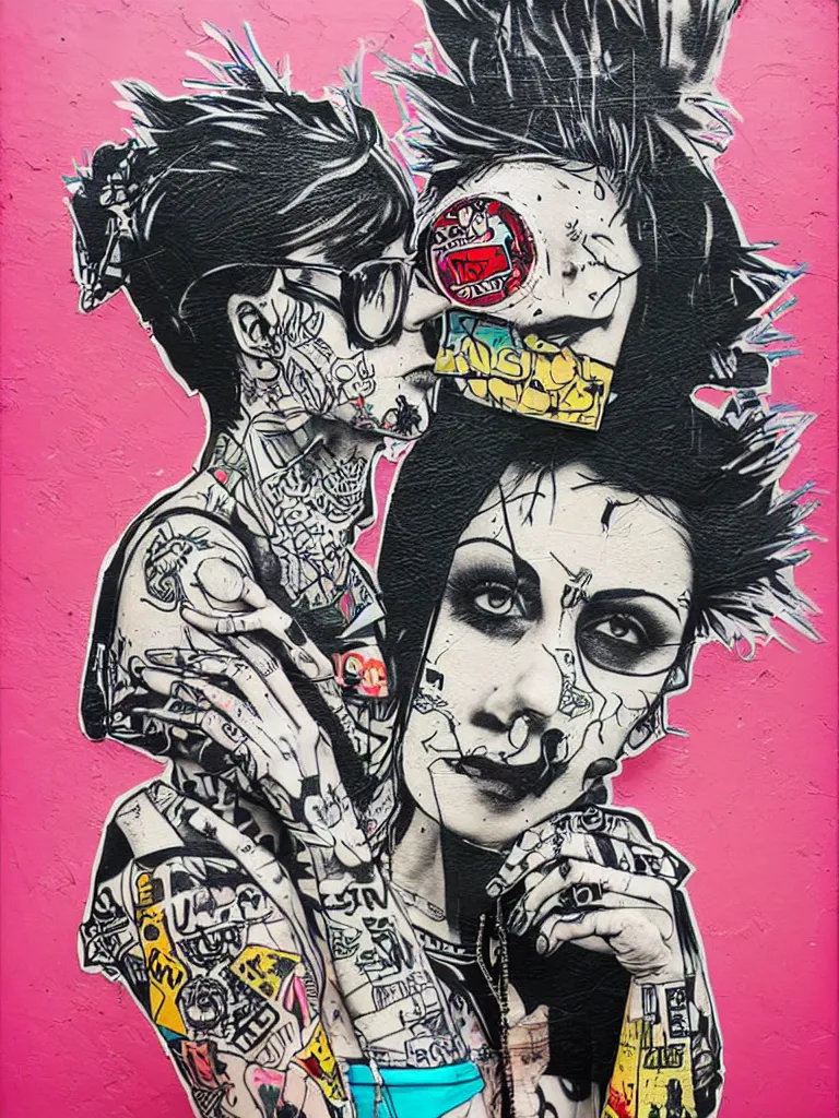 Prompt: a multilayered mixed media on cardboard street art bursting with nostalgic pop culture references, punk symbols and tattoo designs, art by stikki peaches