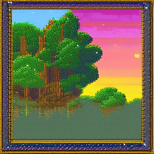 Prompt: night sky reflected in the water, landscape pixel art by terraria and maxfield - parrish