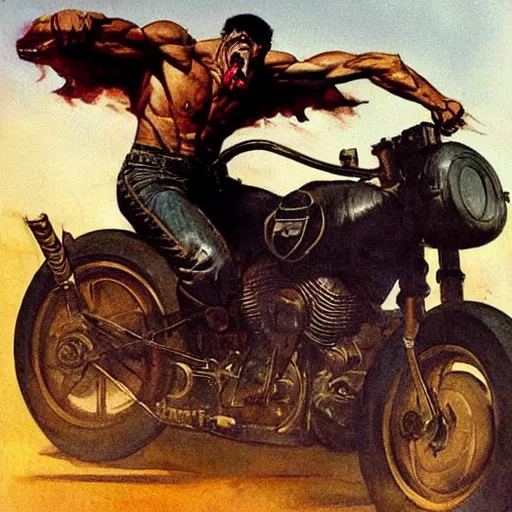 Image similar to into glory ride, artwork by Frank Frazetta, motorcycle, muscular man riding into battle holding sword