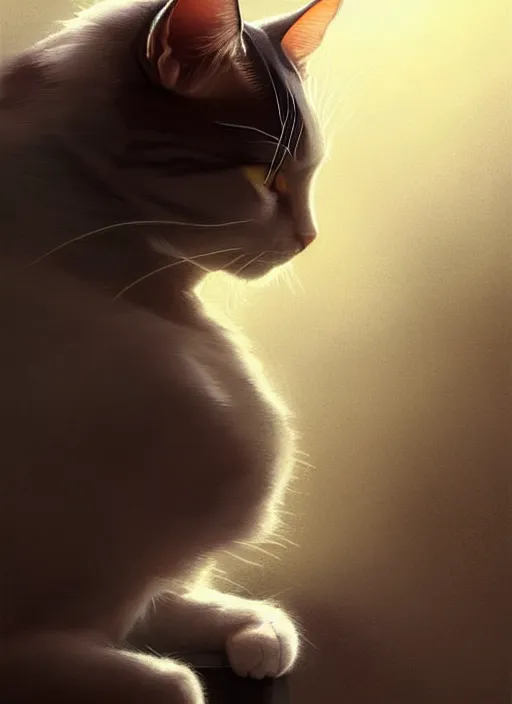 Prompt: a cat thinking about what he had done, everything slowly falling, elegant, highly detailed, digital illustration, trending in artstation, trending in pinterest, glamor photo, concept art, smooth, sharp focus, art by artgerm and greg rutkowski