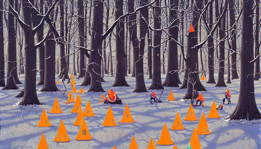 Prompt: safety cones scattered around an oak tree forest in winter, by james jean by ilya kuvshinov kintsugi, hyper detailed surrealist painting