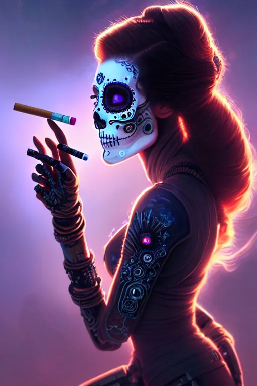 Prompt: ultra detailed, beautiful female android smoking a cigarette, scifi, fantasy, ( dia de los muertos ), triadic color scheme, intricate detailed, global illumination, concept art. smoke, calm, noir. art by godmachine and michael welan and rossdraws and artgerm and greg rutkowski and loish and wlop. 8 k, hdr