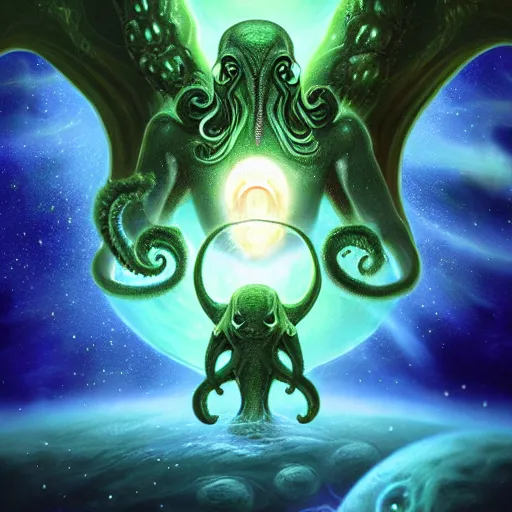 Prompt: cosmic cthulhu in space, by lovecraft, details face, detailed body, realistic body proportions, unreal engine, by popular digital artist, digital, artstation, detailed body, heavenly atmosphere, digital art, overdetailed art, trending on artstation, cgstudio, the most beautiful image ever created, dramatic, award winning artwork, beautiful scenery