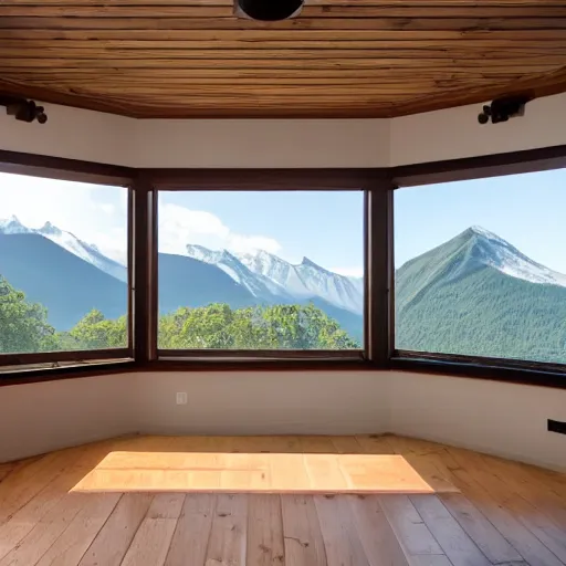 Prompt: wooden room with yoga mat and panelled windows with view of mountain