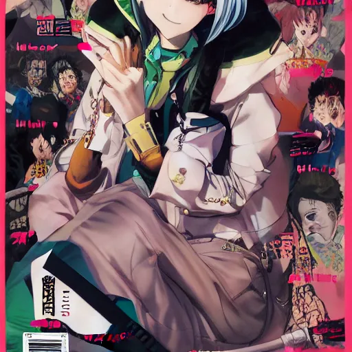 Image similar to Magazine Cover Anime key visual of a Gucci girl; official media; typography; drawn by Hirohiko Araki; Jojo's Bizarre Adventure; Jojolion, portrait, made by Stanley Artgerm Lau, WLOP, Rossdraws, James Jean, Andrei Riabovitchev, Marc Simonetti, Yoshitaka Amano, ArtStation