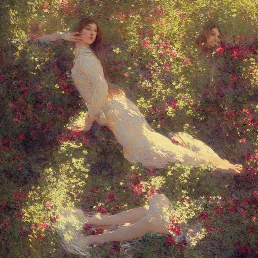 Image similar to illustration studio of a beautiful girl in an artistic pose resting in nature, monet painterly motives and textures pattern, hyper detailed, octane render, vivid colors, artstation, by jeremy mann, by alphonse mucha, by monet