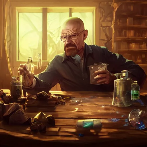 Image similar to portrait of walter white as an alchemist making potions, alchemy, league of legends amazing splashscreen artwork, dungeons and dragons, splash art, natural light, elegant, photorealistic facial features, intricate, fantasy, detailed face, atmospheric lighting, anamorphic lens flare, cinematic lighting, league of legends splash art, hd wallpaper, ultra high details by greg rutkowski