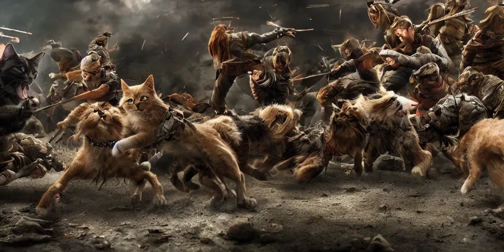 Prompt: epic battle scene cats versus dog, the last stand, Epic Background, highly detailed, sharp focus, 8k, 35mm, cinematic lighting