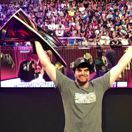 Image similar to Dwight Shrute winning a major E-Sports CS:GO tournament in a stadium in front of a crowd, lifting the trophy, 4k image