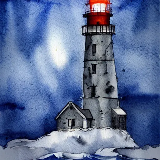 Image similar to beautiful watercolor and ink lighthouse on cloudy winter storm night, artstation, mystical