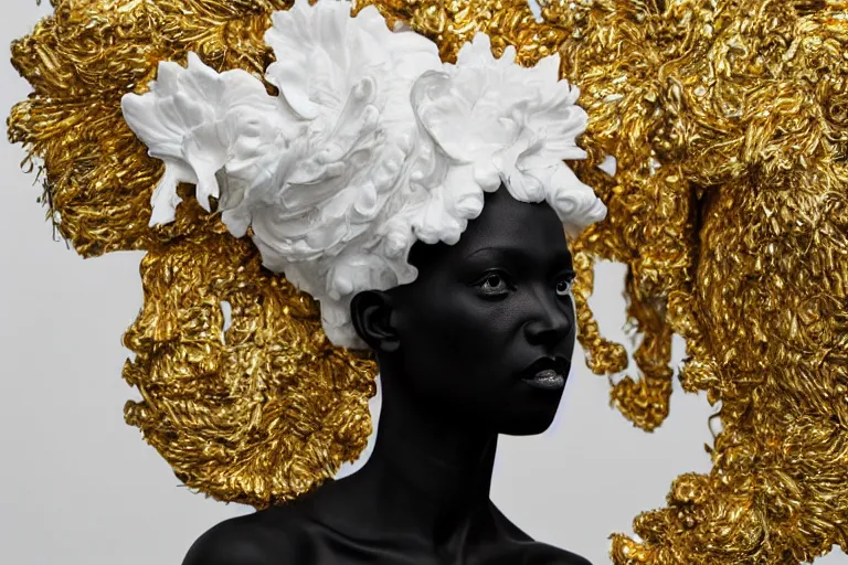 Image similar to full body, beautiful female black, porcelain sculpture, with lots of ornate gold leaf 3 d ibis birds attached to head by daniel arsham and james jean, on a white background, delicate facial features, white eyes, white lashes,