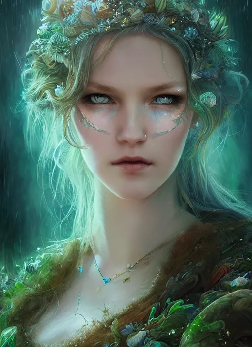 Prompt: portrait of a gorgeous fairy princess of the forest, perfect blue eyes, detailed iridescent fractal pattern skin, 8k render, ultra realistic, cinematic lighting, artstation, artgerm, Seb McKinnon