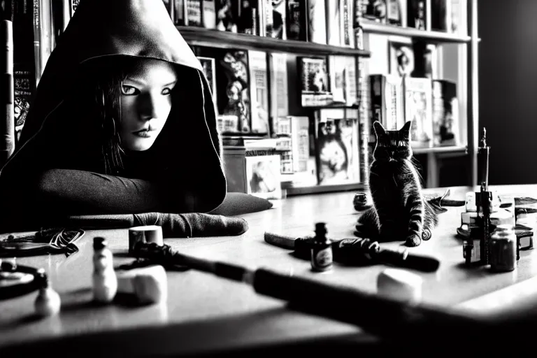 Prompt: close up photo, dramatic lighting, concentration, calm confident cyberpunk teen witch and her cat, tarot cards displayed on the table in front of her, sage smoke, magic wand, a witch hat and cape, apothecary shelves in the background, by yoji shinkawa, black and white