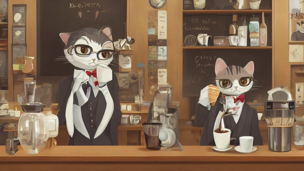 Image similar to a highly detailed portait of a cute little anthropomorphic cat barista wearing a suit in a parisian coffee shop by studio ghibli, tiny, small, cute and adorable, pretty, beautiful, character art portrait, matte painting, Artstation