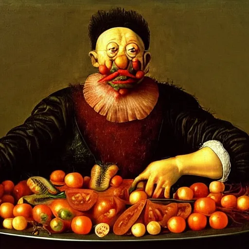 Prompt: a chef sitting in a bathtub full of tomato sauce, dinner is served, by giuseppe arcimboldo and ambrosius benson, renaissance, fruit, intricate and intense oil paint, realistic