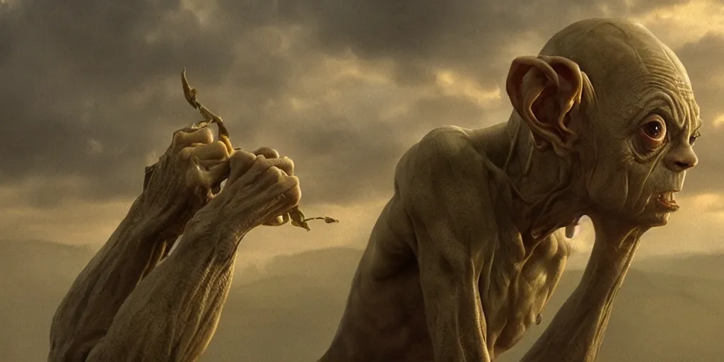 Prompt: Gollum holding the Ring, golden hour, detailed matte painting, cinematic, Alan Lee, Artstation