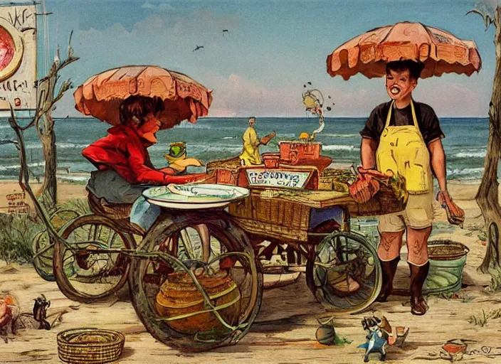 Image similar to a whimsical storybook illustration of crab sellers, 1 9 5 0 s americana tourism, designed by jean baptiste monge but in lowbrow pop art style, high resolution, fine details, muted colors