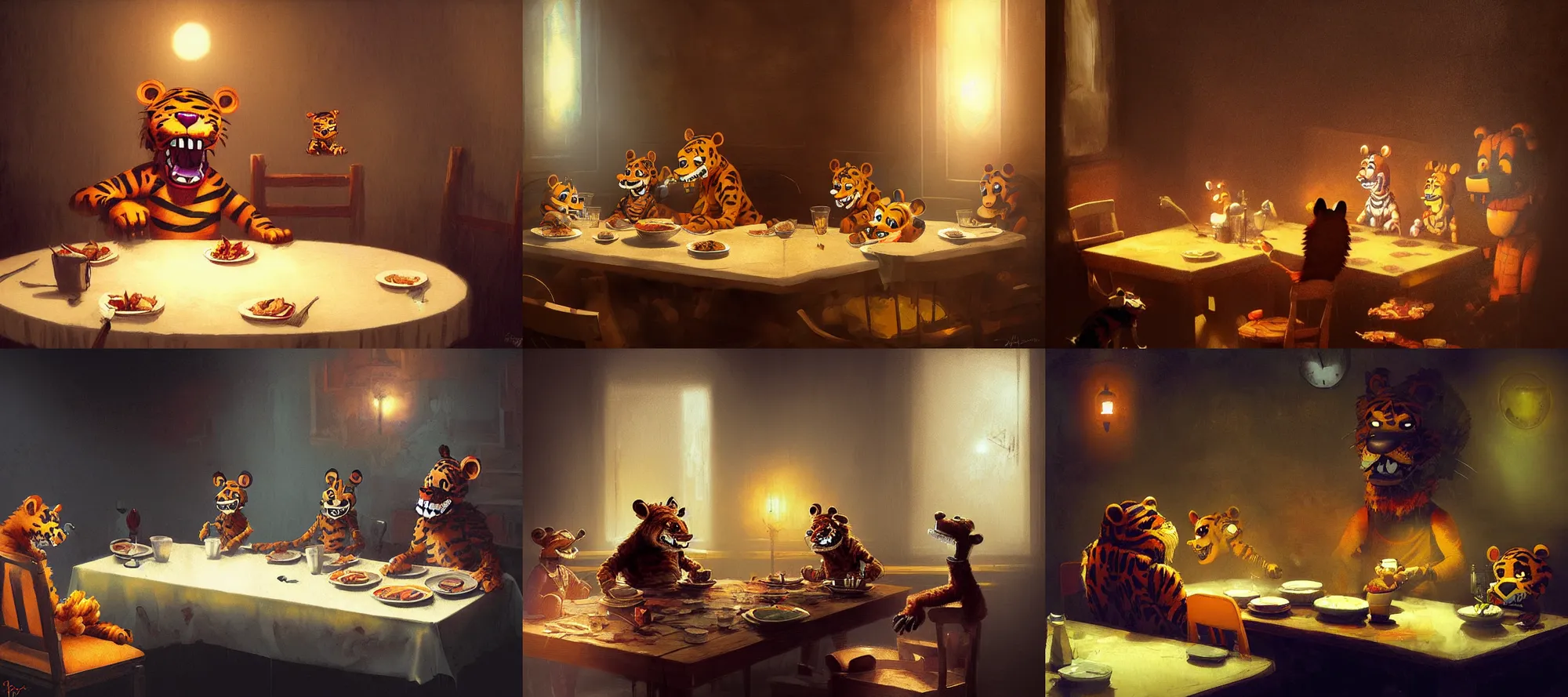 Prompt: tony tiger fnaf eating dinner at a table in the backrooms happiness is temporary by greg rutkowski
