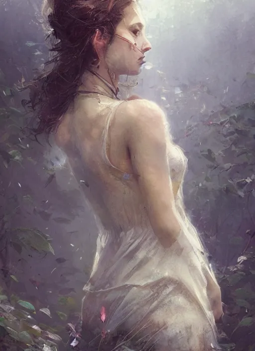 Prompt: female seductive queen of nature girl, beautiful face, rule of thirds, intricate outfit, backlit, by greg rutkowski, by jeremy mann, digital painting