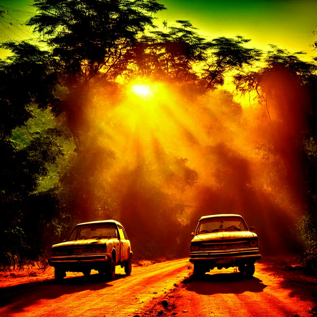 Image similar to bollywood car, on a dusty road, under a setting sun, with a dense jungle