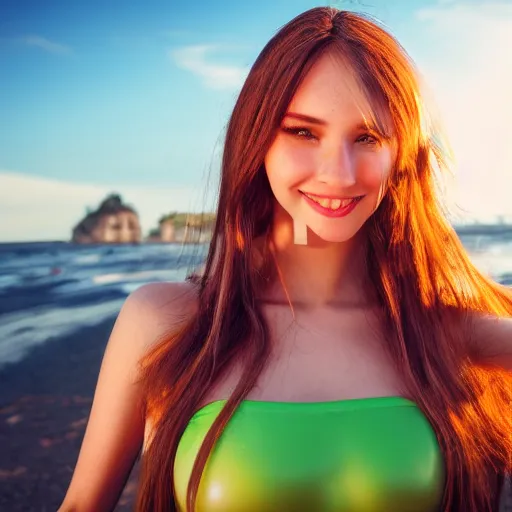 Prompt: A cute and beautiful young woman, 3d toon woman, long shiny bronze brown hair, green eyes, cute freckles, smug smile, golden hour, beach background, medium shot, mid-shot, trending on Artstation