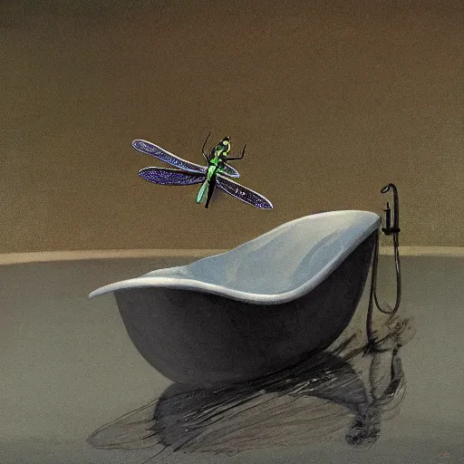 Image similar to dragonfly in a bathtub in the alps, libertine!! in background