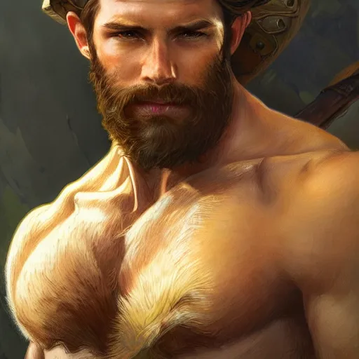 Image similar to portrait of a young rugged ranger, muscular, upper body, hairy thighs, D&D, fantasy, intricate, cinematic lighting, highly detailed, digital painting, artstation, concept art, smooth, sharp focus, illustration, art by Artgerm and Greg Rutkowski and Alphonse Mucha