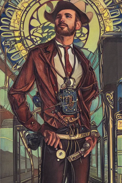 Prompt: a dramatic ethereal epic symmetrical painting of a handsome villainous cowboy standing in front of railroad tracks with a train locomotive | his shirt is unbuttoned and he has a pocketwatch | tarot card, art deco, art nouveau, ( steampunk ), homoerotic, realistic | by louis comfort tiffany | trending on artstation