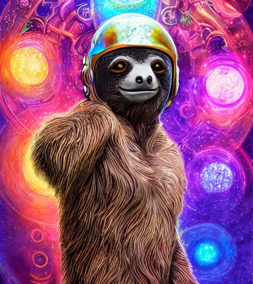 Prompt: portrait of a fantasycore glitchcore three toed sloth in a helmet. intricate abstract. intricate artwork. celestial. prismatic, by josephine wall, pixar, ghibli. octane render, CGSociety very coherent symmetrical artwork. cinematic, hyper realism, high detail, octane render, 8k, holographic accents