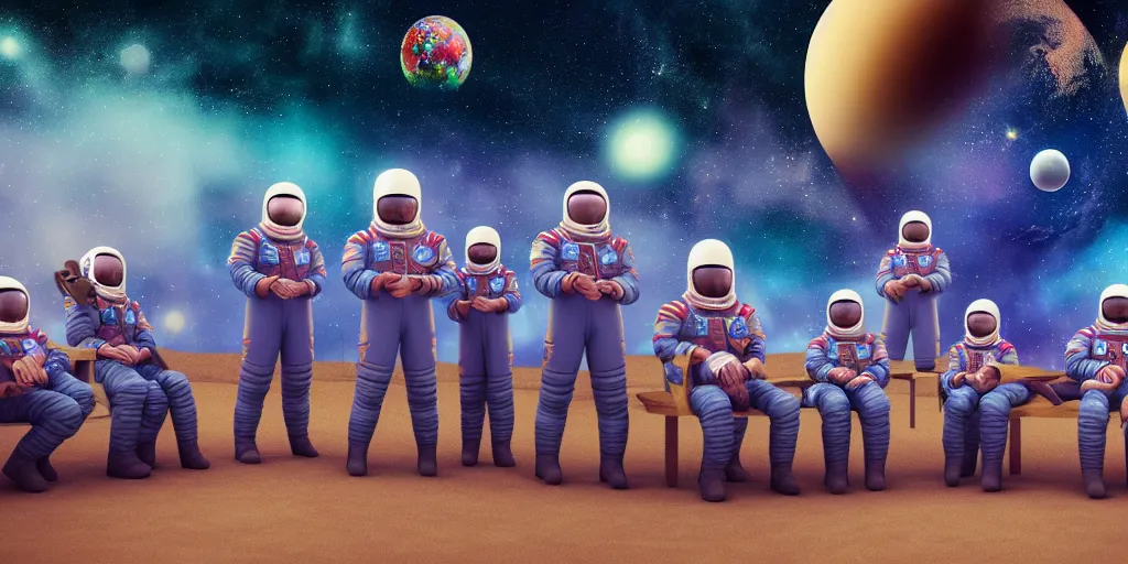 Image similar to twelve cosmonauts sitting by the river with a big holiday cake + octane render + ue 5 + planets and stars + mystical fog + psychedelic colors + trippy colors + super detail, high quality