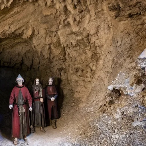 Prompt: a medieval pilgrimage on a dirt road in a gigantic cavern deep underground, dark, fantasy