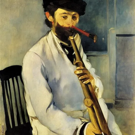 Image similar to an oil painting of the flute player by Manet