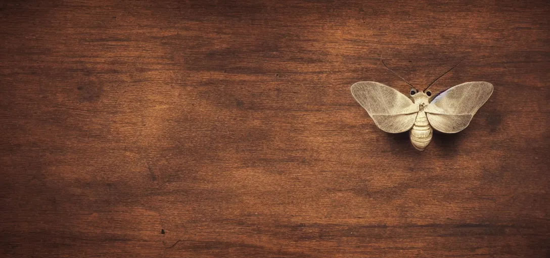 Prompt: moth on a old dark wooden table, matte painting, from above, vintage, dusty, dust, volumetric lighting, screwdrivers, 8k, 4k, artstation, award winning shot